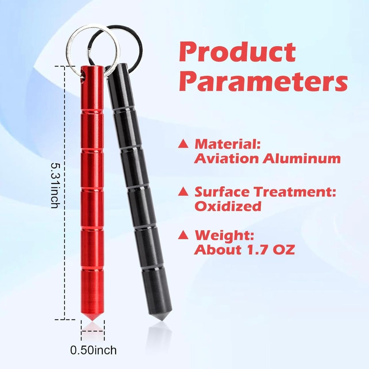 Red and black aluminum self-defense keychain with product parameters showing 5.3-inch length, 0.5-inch width, oxidized finish, and 1.7 oz weight.