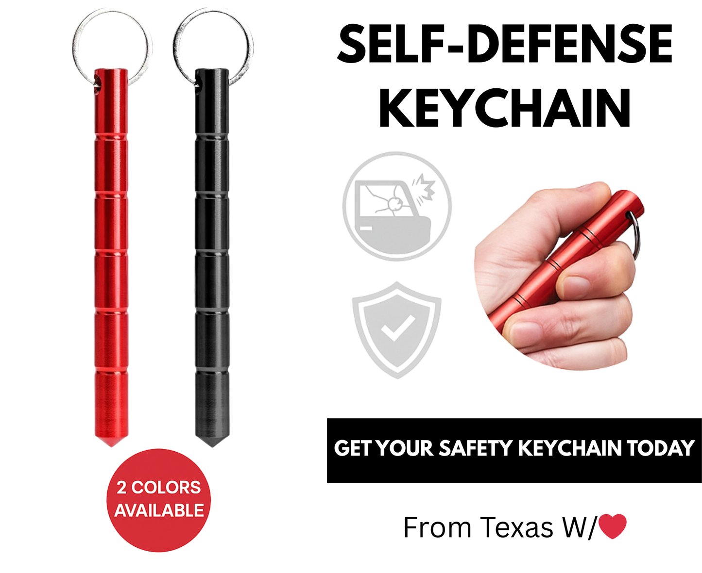 Red and black self-defense keychain kubotan with grip design, glass breaker function, and safety tool for everyday carry.