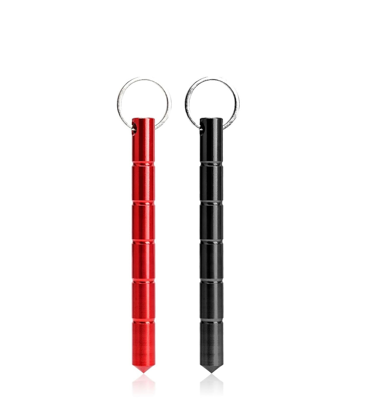 Red and black aluminum self-defense keychain kubotan with glass breaker tip for personal safety and everyday carry.