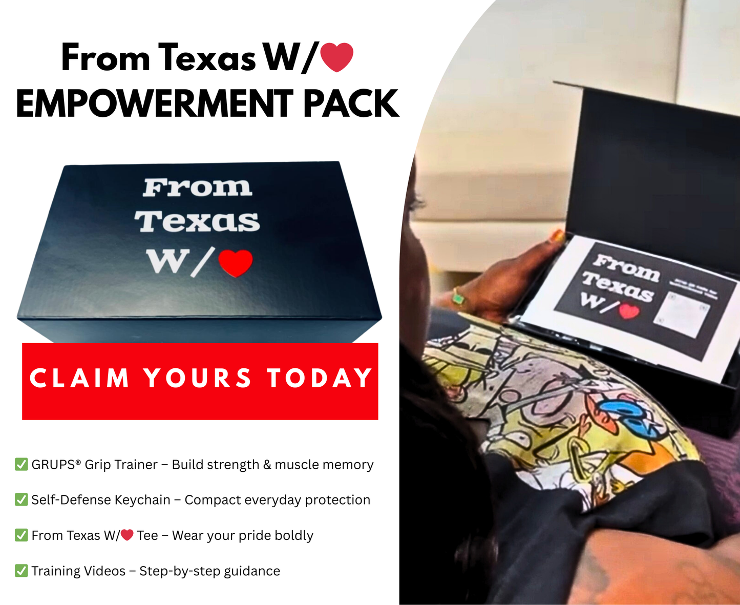 From Texas W/❤️ Empowerment Pack featuring GRUPS grip trainer, self-defense keychain, tee, and training videos for strength, safety, and confidence.