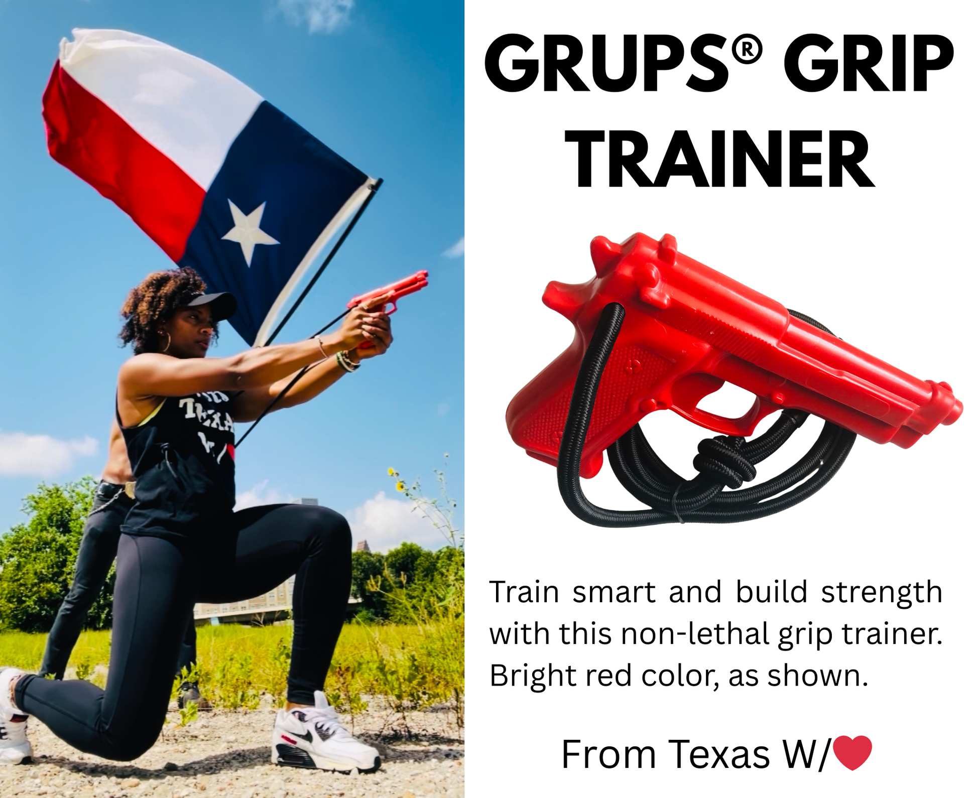 Woman of color holding a flag with a split image of a red grip trainer and promotional text.
