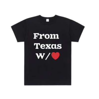 Black unisex From Texas W/❤️ Love T-shirt with bold white lettering and red heart design.