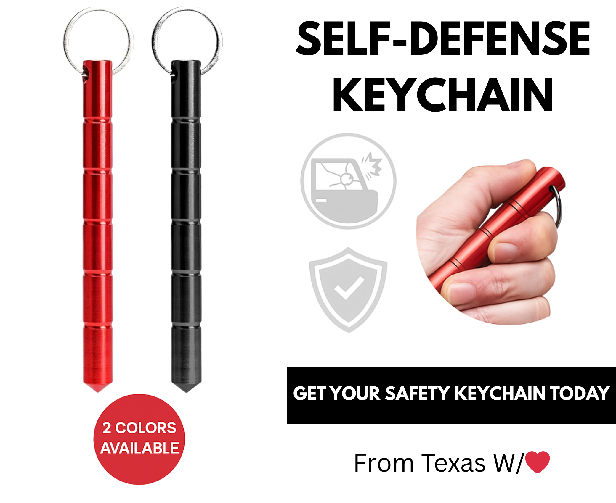 Red and black self-defense keychain kubotan with grip design, glass breaker function, and safety tool for everyday carry.