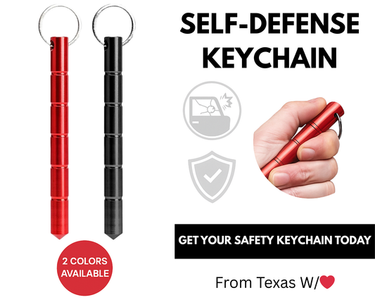 Red and black self-defense keychain kubotan with grip design, glass breaker function, and safety tool for everyday carry.
